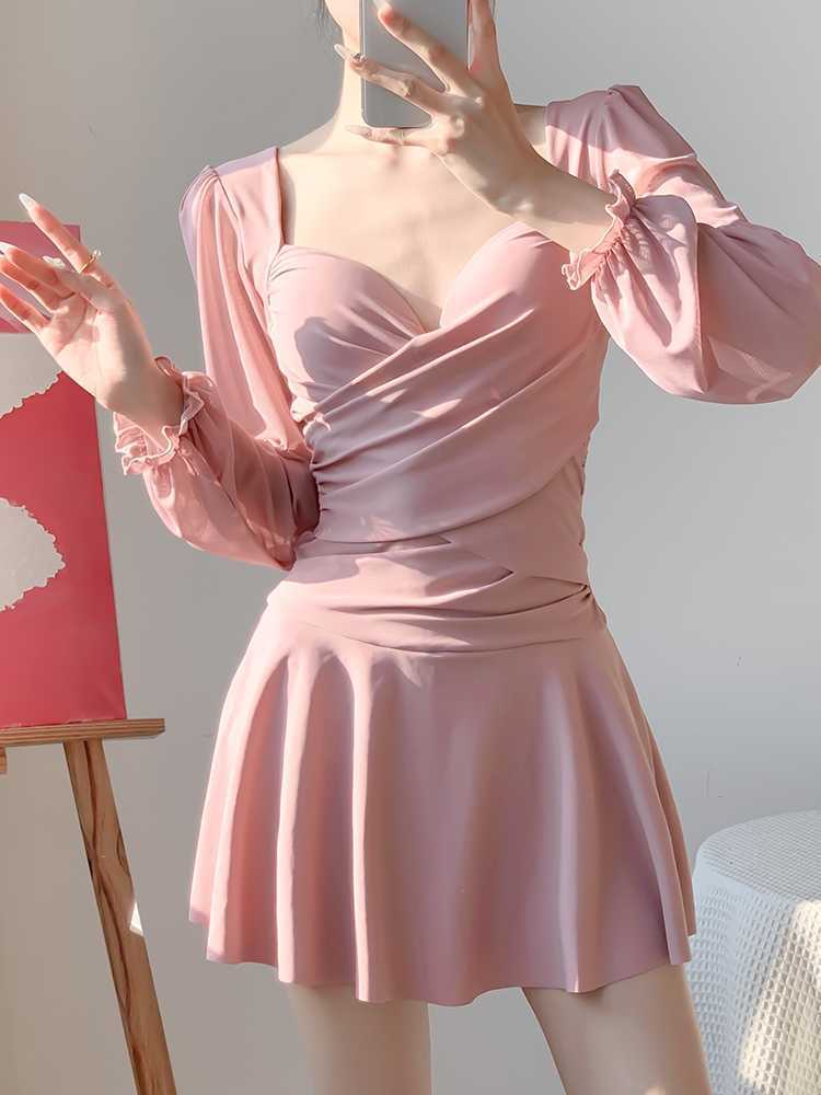 Yan 2026 New Style Sweet and Pure Desire Style with Underwire, Push-Up, Slimming, Long-Sleeved Dress-Style One-Piece Swimsuit for Women Wholesale