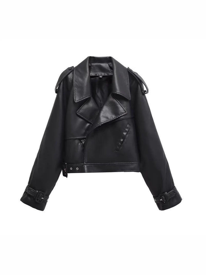 European and American Style Deep Retro Lapel Imitation Leather Jacket Top Autumn and Winter New Street Style Loose Pure Color Casual Jacket for Women