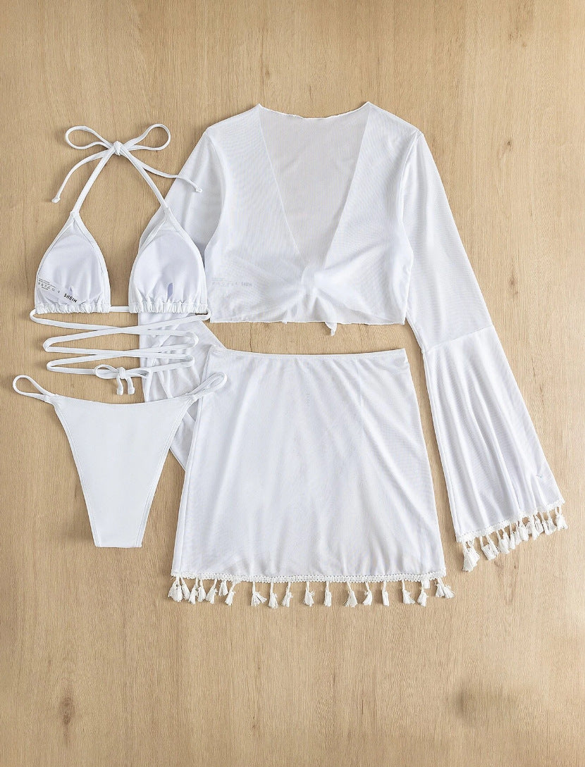 2026 Tassel Mesh Cover-Up Short Skirt Four-Piece Bikini New Thai Ins Style Cross-Border Solid Color Swimsuit for Women