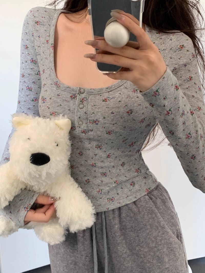Floral Square Neck Long-Sleeved T-Shirt Bottoming Shirt for Women Autumn and Winter 2025 New Design Niche Slimming Look Tops