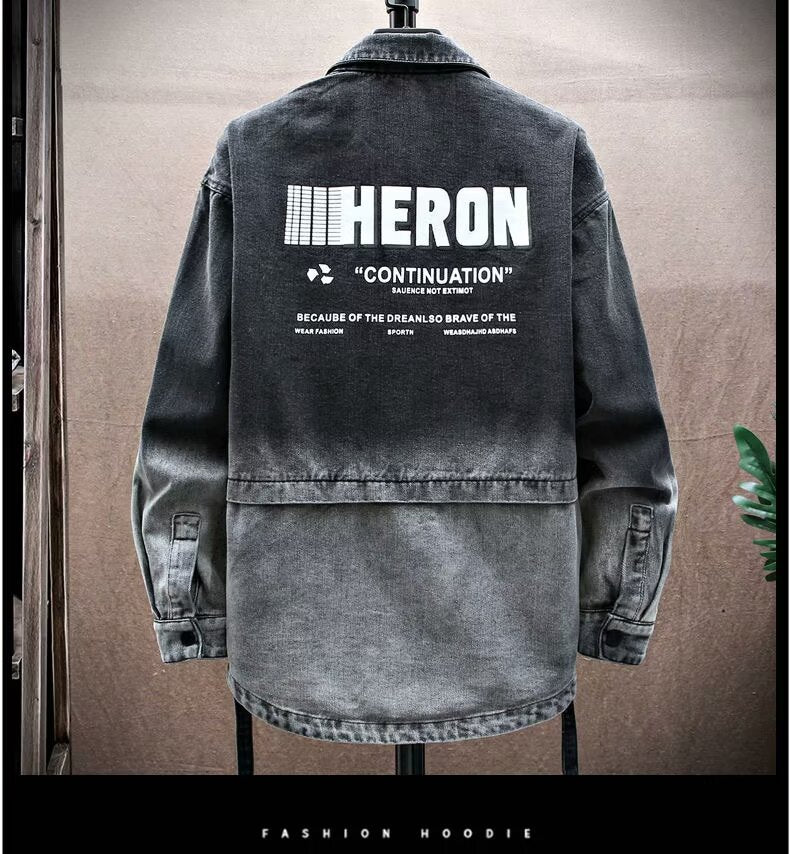 Black American Style Denim Jacket Men's Spring and Autumn New Fashion Brand Loose Printed Retro Jacket for Boys