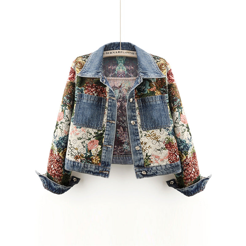 2024 Spring New All-match Printed Stitching Long Sleeve Lapel Denim Coat Women's Short Small Top Jacket