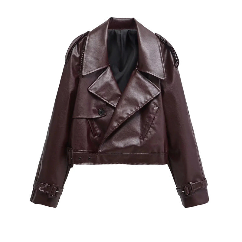 European and American Style Deep Retro Lapel Imitation Leather Jacket Top Autumn and Winter New Street Style Loose Pure Color Casual Jacket for Women