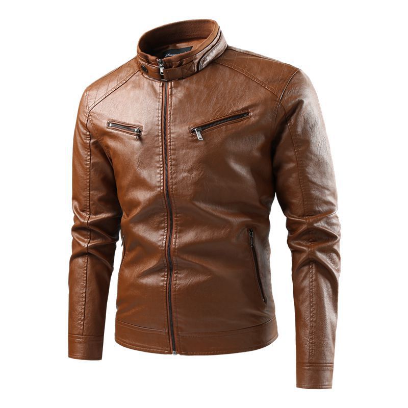 Foreign Trade Cross-border Leather Jacket Color Collar PU Leather Biker Jacket Spring and Autumn Thin Casual Leather Jacket for Men ebay