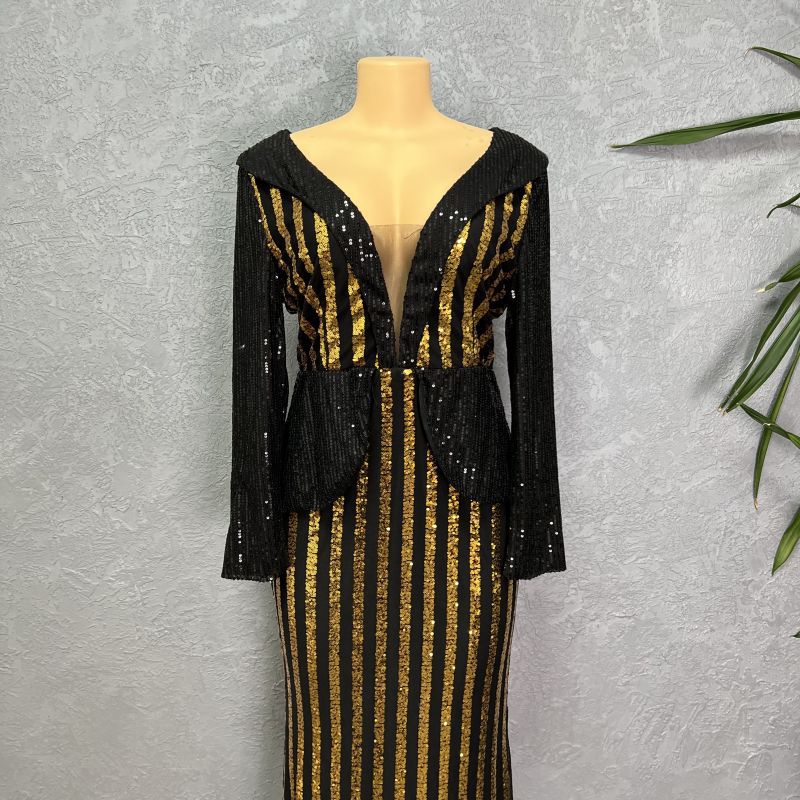 Africa Cross-border 2023 New Sequins Fashion Women's Seven-sleeve Fishtail Long Dress Sleeve Fashion Evening Wear Europe and America