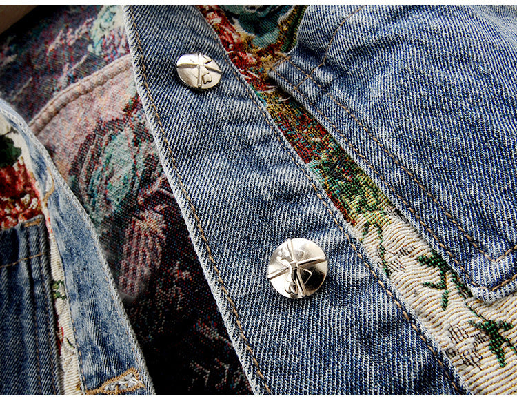 2024 Spring New All-match Printed Stitching Long Sleeve Lapel Denim Coat Women's Short Small Top Jacket