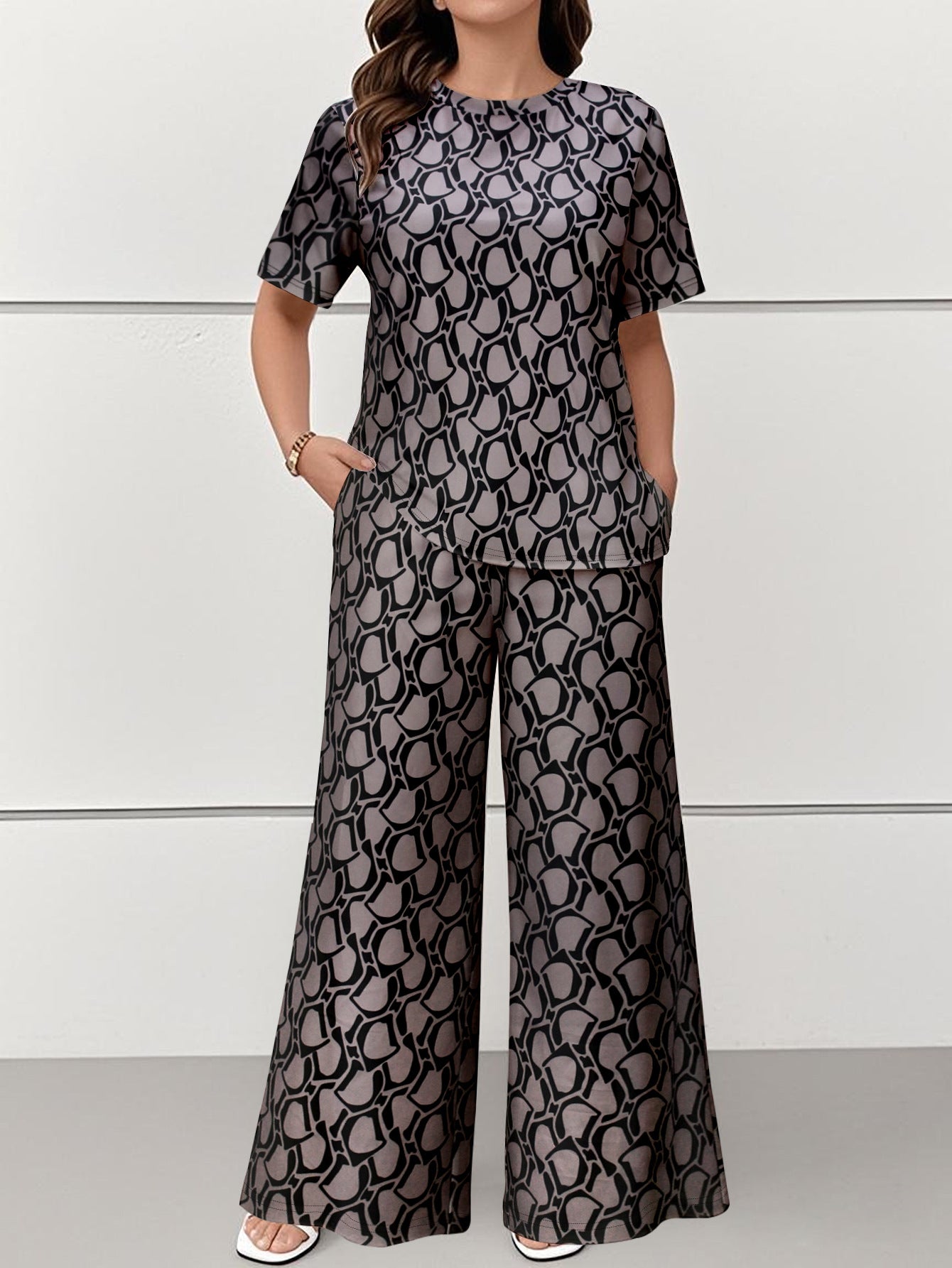 Cross-Border Amazon European and American Women's Fashion Elegant Printed Short-Sleeved Straight-Leg Pants Plus-Size Casual Suit Summer