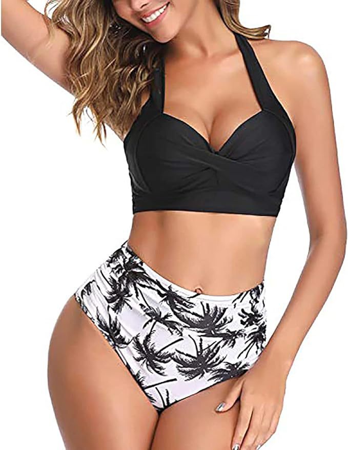 New Amazon Cross-border High Waist Neck Printed Strap Tankini Split Swimsuit European and American Slim Bikini