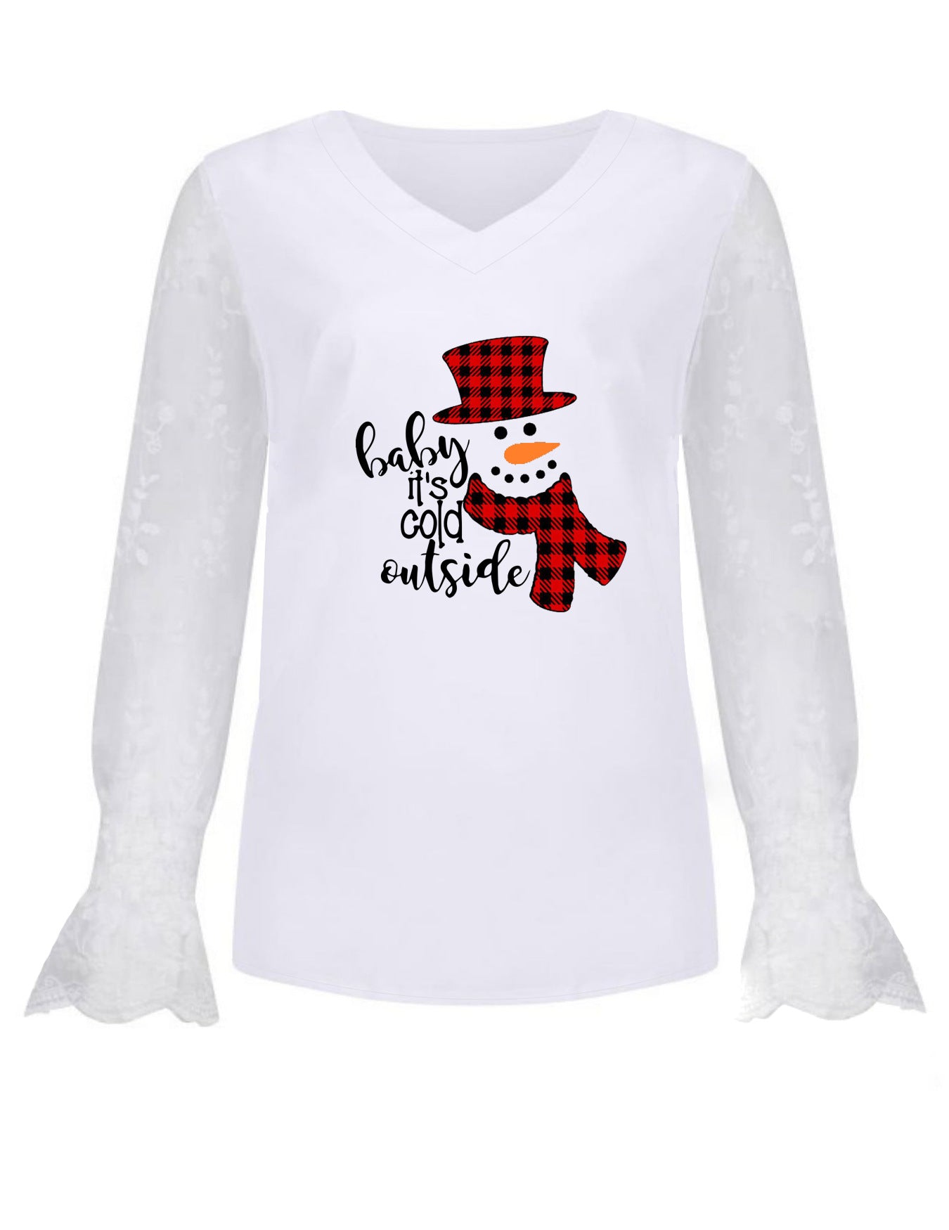 Autumn and Winter New Christmas Personalized Print European and American Cross-border Lace All-match Long-sleeved Women's T-shirt Top