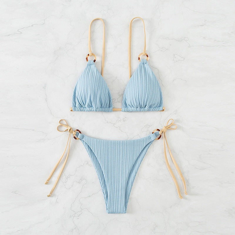 2024 New Ins Swimsuit for Women Split Bikini Two-Piece Set Fairy Style Sexy Pure Color Lace-Up Swimsuit for Women