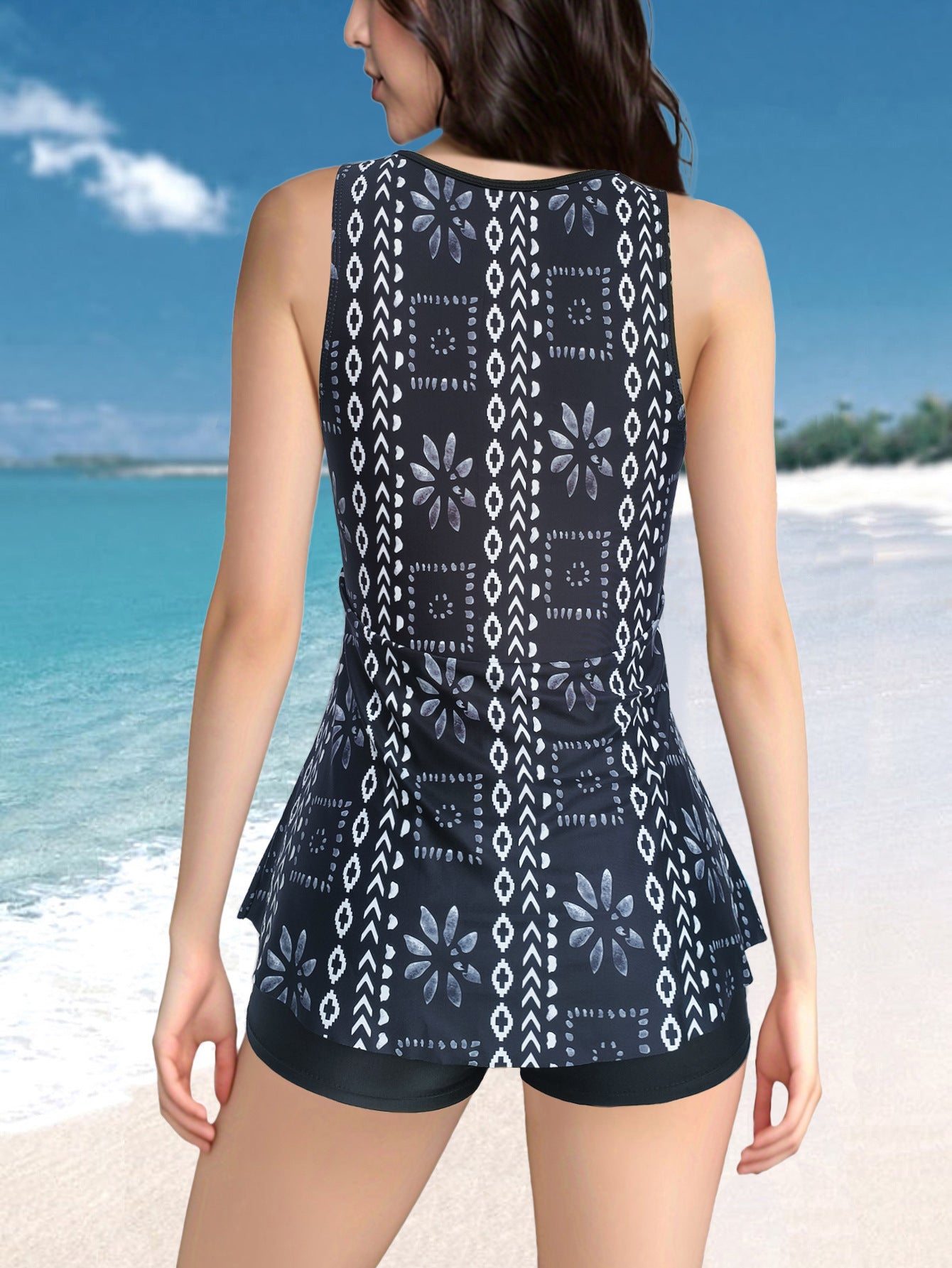 Split plus size Printed Flat Angle European and American Style Conservative Sling Tankini Swimsuit Women's Independent Station Cross-border Foreign Trade in stock
