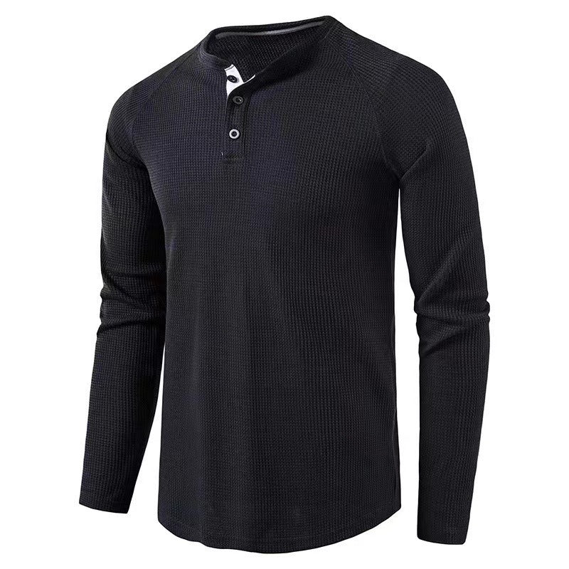 2023 Autumn and Winter Cross-border Amazon Men's T-shirt European and American Foreign Trade Men's Solid Color Long Sleeve Waffles Henry Shirt