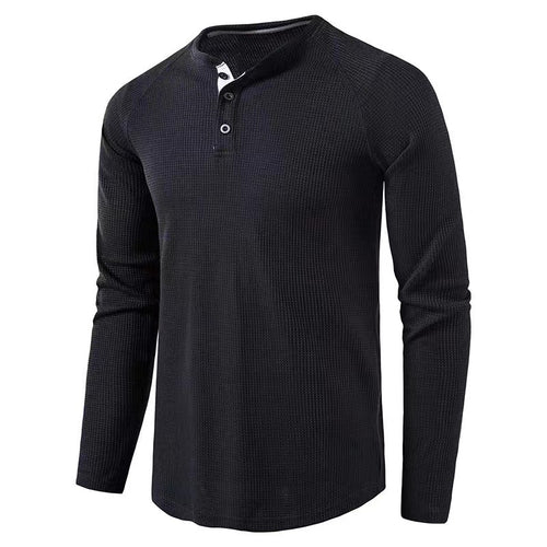 2023 Autumn and Winter Cross-border Amazon Men's T-shirt European and American Foreign Trade Men's Solid Color Long Sleeve Waffles Henry Shirt