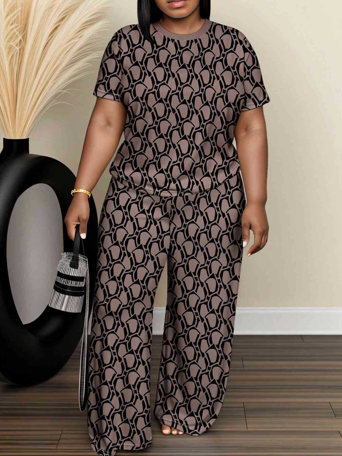 Cross-Border Amazon European and American Women's Fashion Elegant Printed Short-Sleeved Straight-Leg Pants Plus-Size Casual Suit Summer
