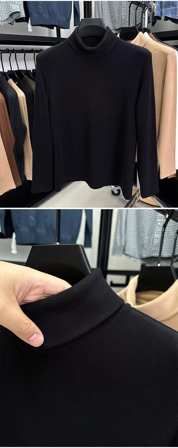 Fleece High Collar Base Shirt Men's Autumn and Winter Thickened Warm Top Double-sided Fleece Slim-fit Sweater Men's High-end Long-sleeved T-shirt