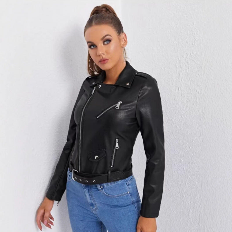 Cross-Border European and American Fashion Motorcycle-Style Pu Leather Jacket, New Autumn Model with Turn-Down Collar and Belt Decoration, Short Pu Leather Coat for Women