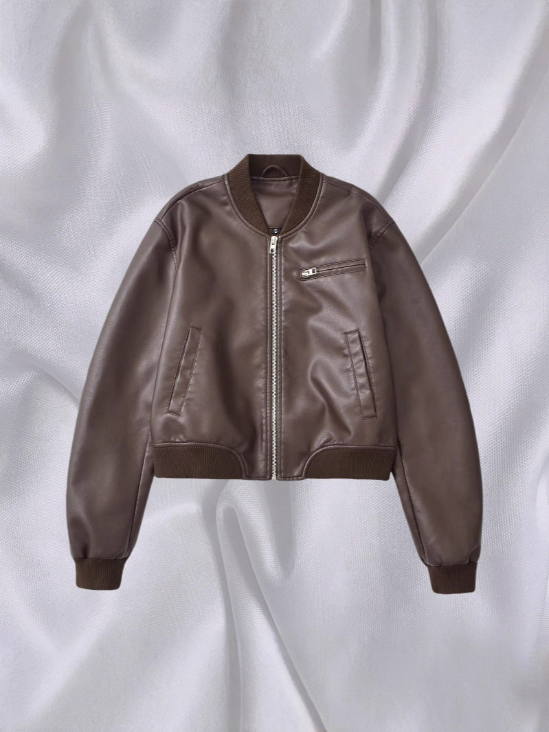 European and American Cross-Border Supply Wholesale Autumn New Hot Girl Retro Stand Collar Flight Leather Jacket for Women