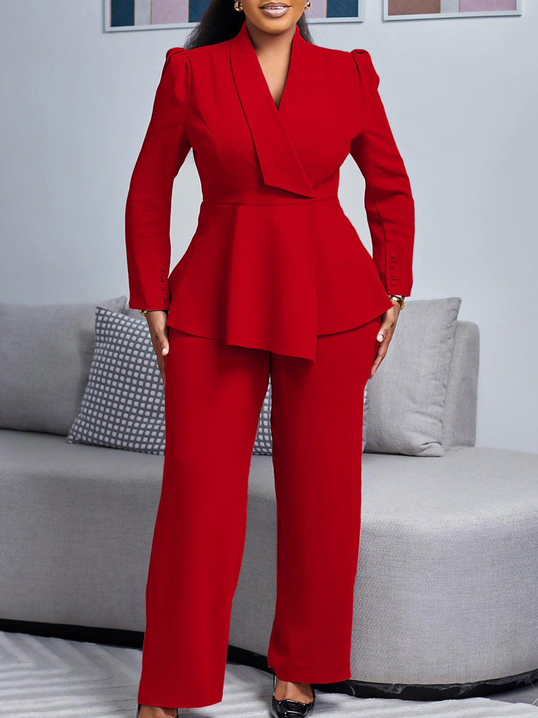 D549 European and American Clothing Winter New Fashion Elegant Elegant Ol Ruffle Top Wide Leg Pants Fashionable African Suit