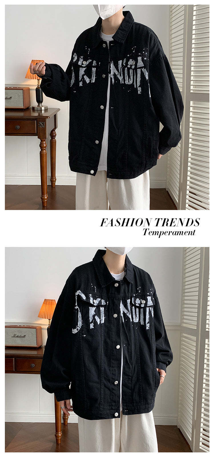 Autumn American graffiti letter printing handsome high street Denim jacket men and women couple all-match youth loose jacket
