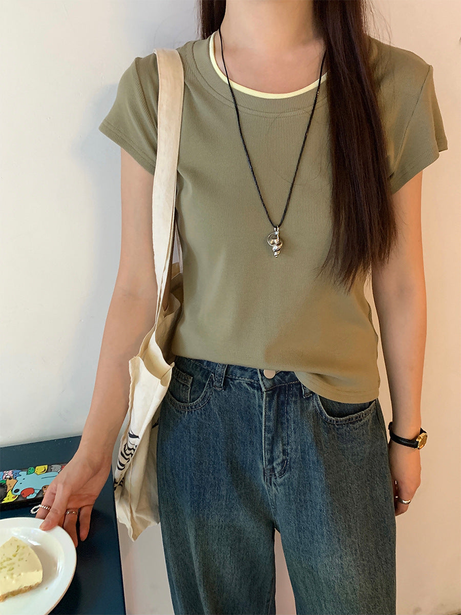 Huangyi Korean Double-Layer Collar Fake Two-Piece Short-Sleeved T-Shirt for Women 2025 Summer Short Slim Right Shoulder Top 142Th419