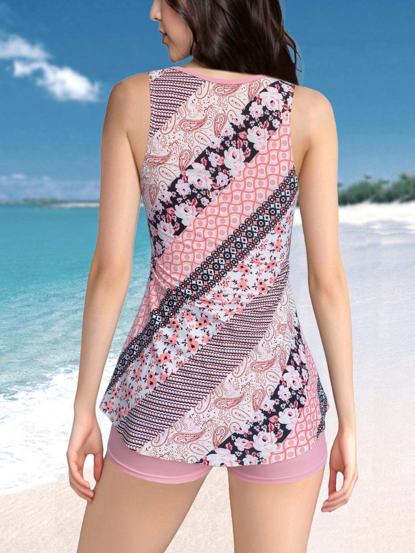 Split plus size Printed Flat Angle European and American Style Conservative Sling Tankini Swimsuit Women's Independent Station Cross-border Foreign Trade in stock