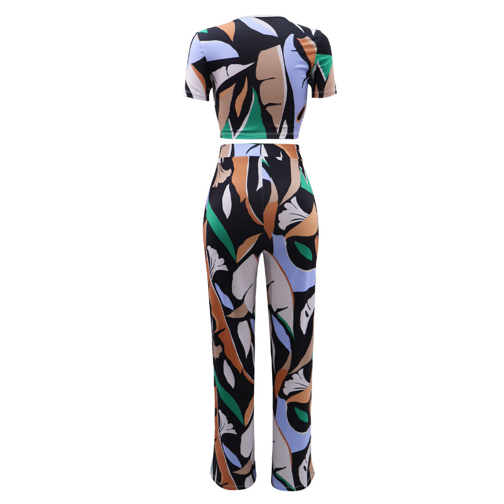 10266 Cross-border European and American Amazon Printed Slim-fit Short-sleeved Casual Elegant High Waist Pants suit Two-piece Set