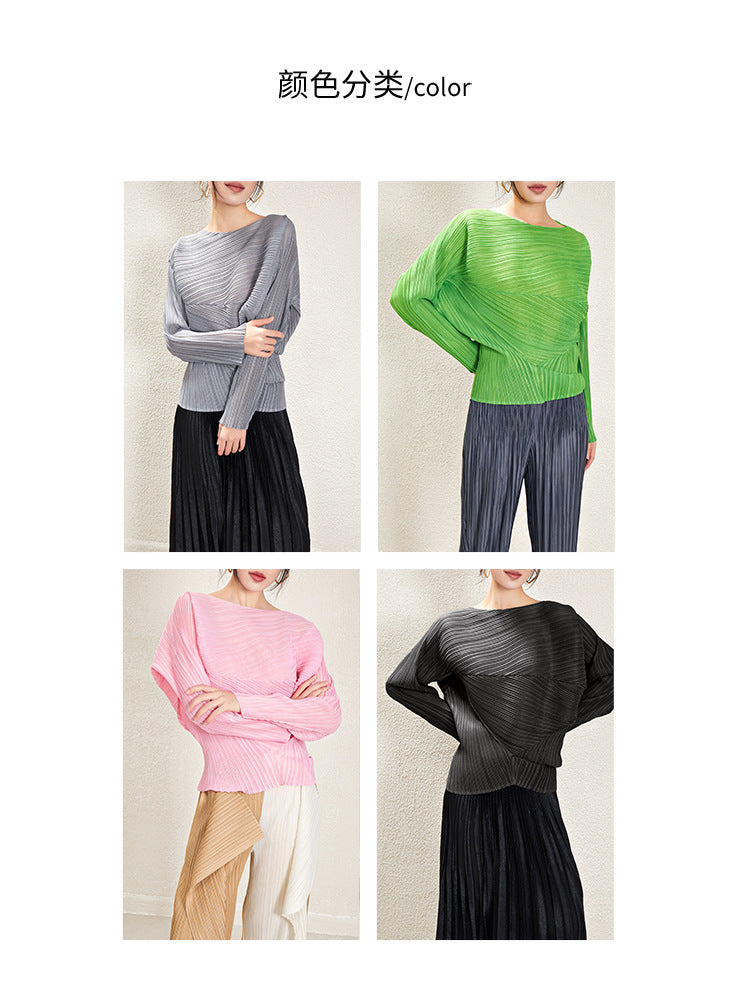 Miyake Irregular Long Sleeve Top Women's 2025 Spring and Autumn Design Solid Color Loose Casual Easiest for Match Bat Sleeve T-Shirt