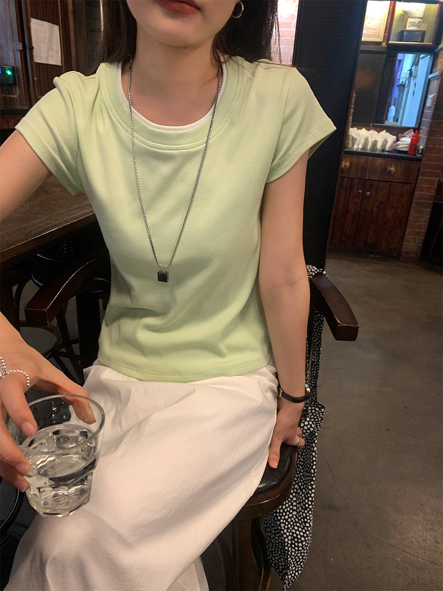 Huangyi Korean Double-Layer Collar Fake Two-Piece Short-Sleeved T-Shirt for Women 2025 Summer Short Slim Right Shoulder Top 142Th419
