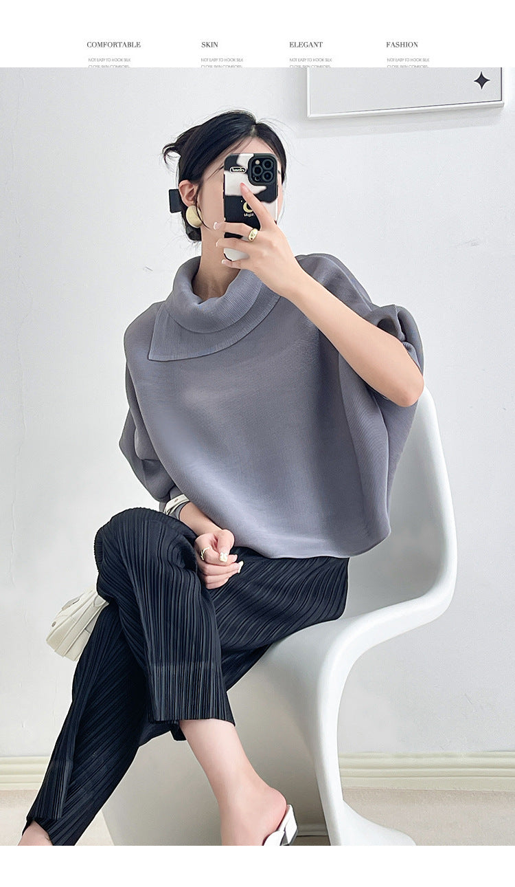 2026 Pleated Lapel Batwing Sleeve Top for Women, Spring and Autumn Style, Loose Fit, Plus Size, Long Sleeve, Pleated Solid Color Base Shirt T-Shirt