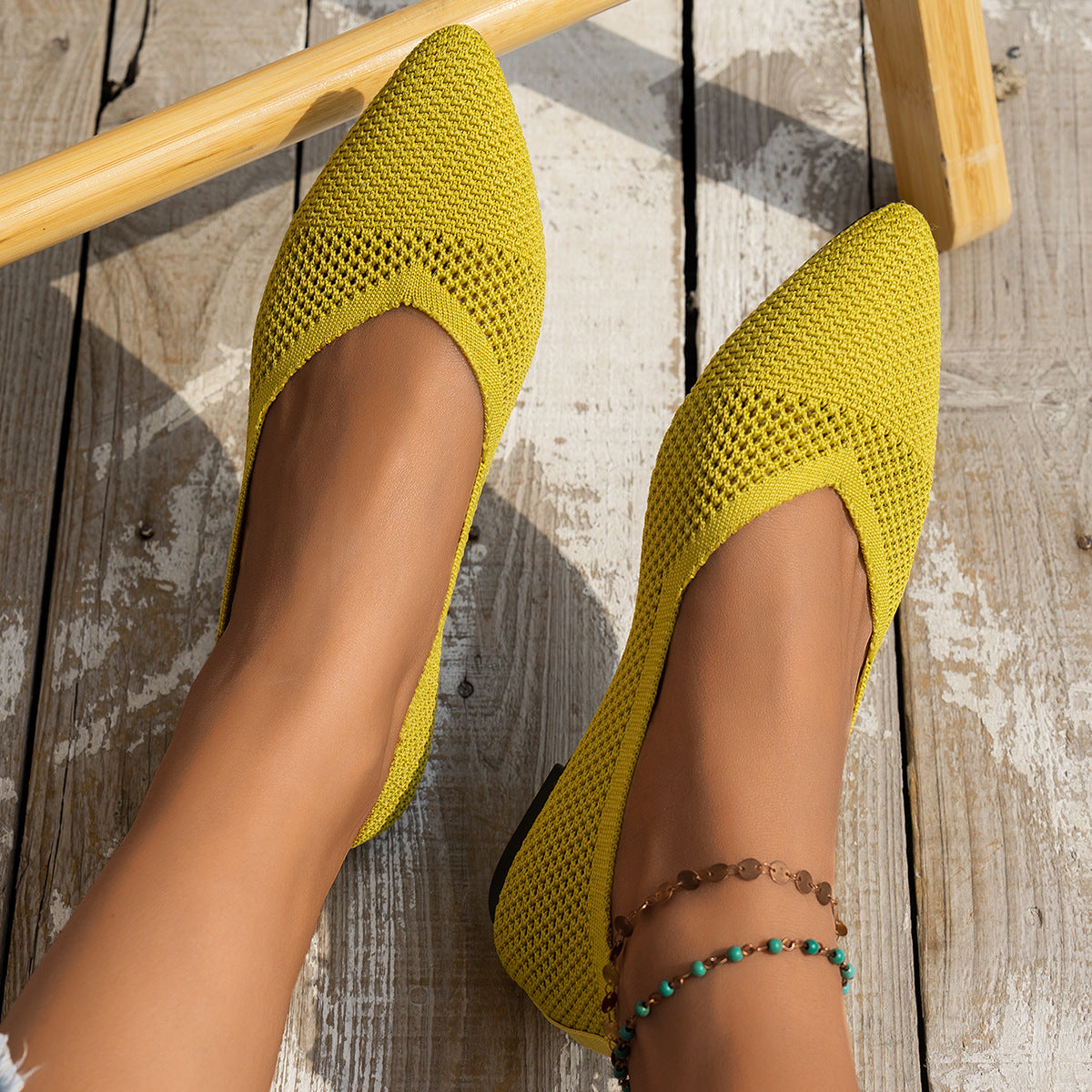 Knitted Women's Shoes Breathable Soft Sole 2025 New Comfortable Pointed Flat Shallow Mouth Slip-on Casual Shoes