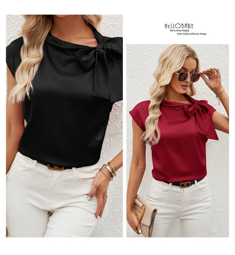 Half Open Collar Bow Satin Top Niche Design Satin Women's Clothing Amazon Cross-border European and American New T-shirt