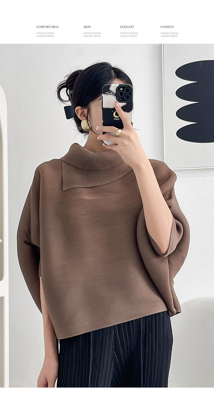2026 Pleated Lapel Batwing Sleeve Top for Women, Spring and Autumn Style, Loose Fit, Plus Size, Long Sleeve, Pleated Solid Color Base Shirt T-Shirt