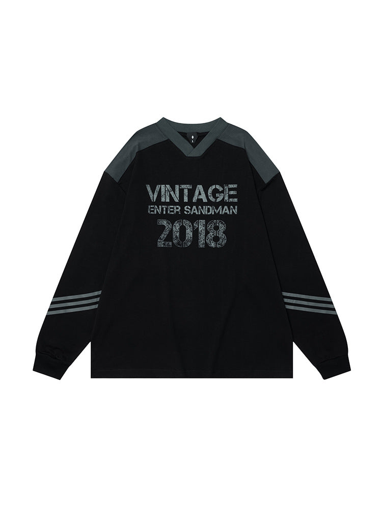 # Ovdy Autumn and Winter American Jersey Retro Letter Print New Small V-Neck Long-Sleeved T-Shirt Trendy Brand for Men and Women