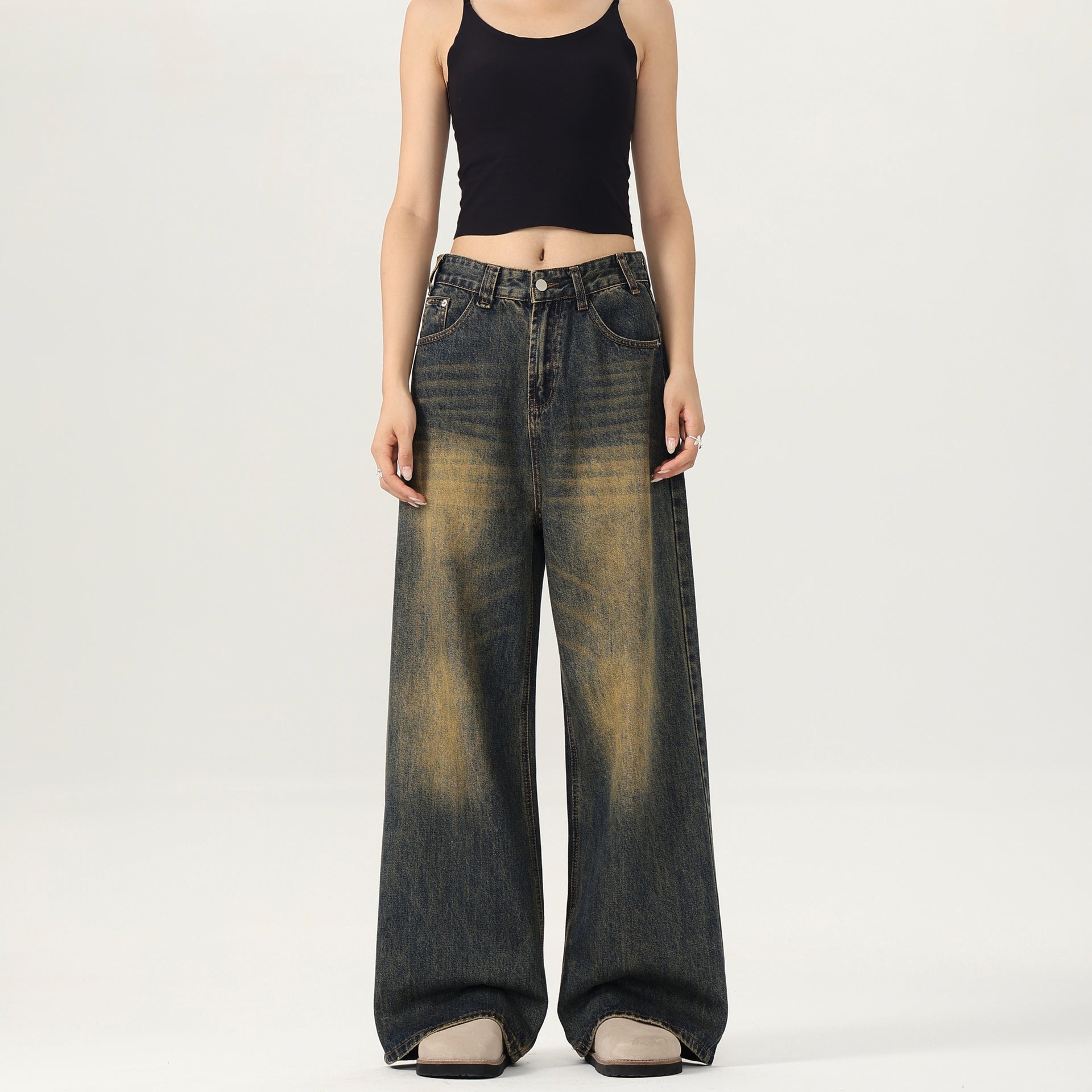 LKTM Men's# American Street Retro Mud Dyed Old Jeans Men's and Women's Trendy Brand Loose Straight Pants