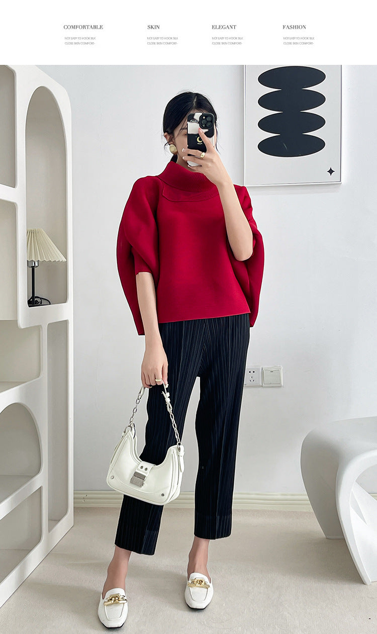 2026 Pleated Lapel Batwing Sleeve Top for Women, Spring and Autumn Style, Loose Fit, Plus Size, Long Sleeve, Pleated Solid Color Base Shirt T-Shirt