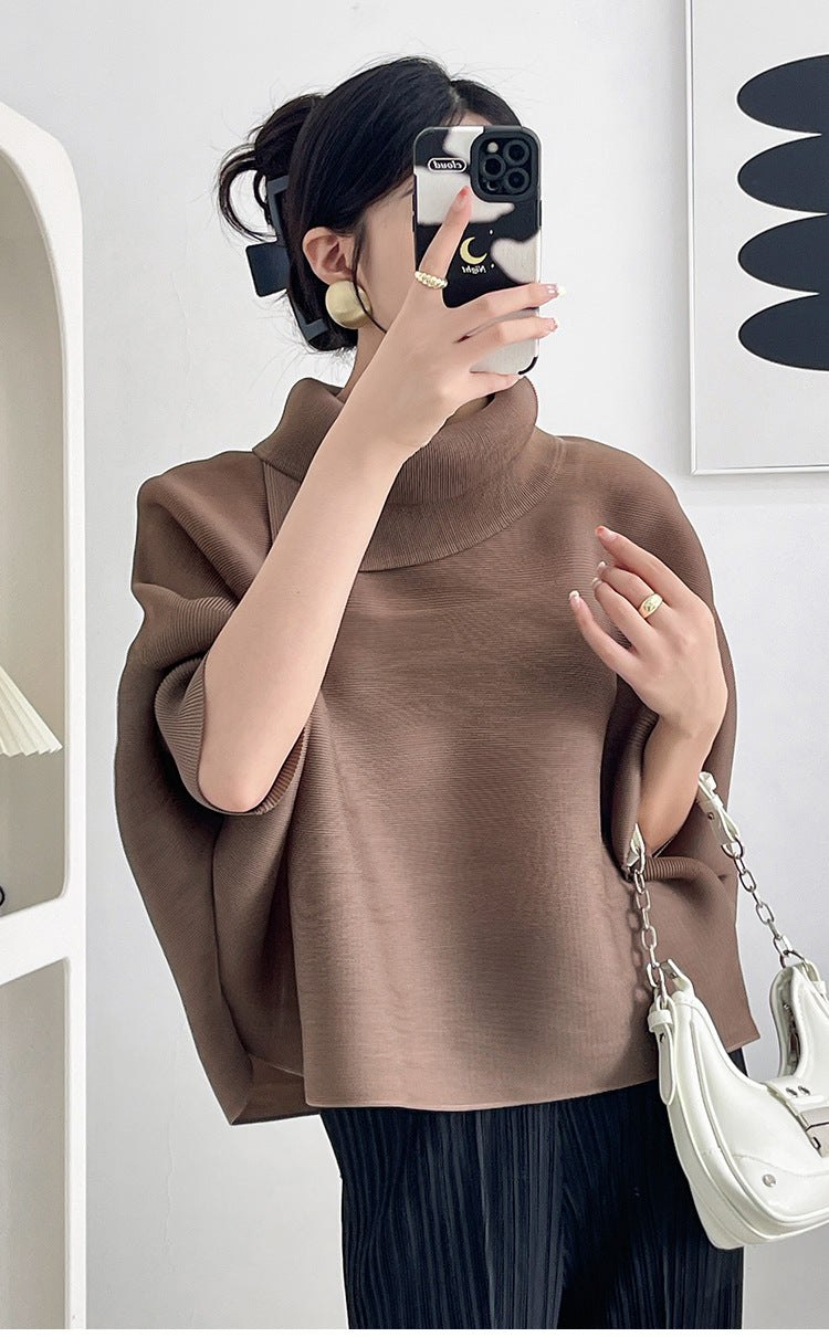 2026 Pleated Lapel Batwing Sleeve Top for Women, Spring and Autumn Style, Loose Fit, Plus Size, Long Sleeve, Pleated Solid Color Base Shirt T-Shirt