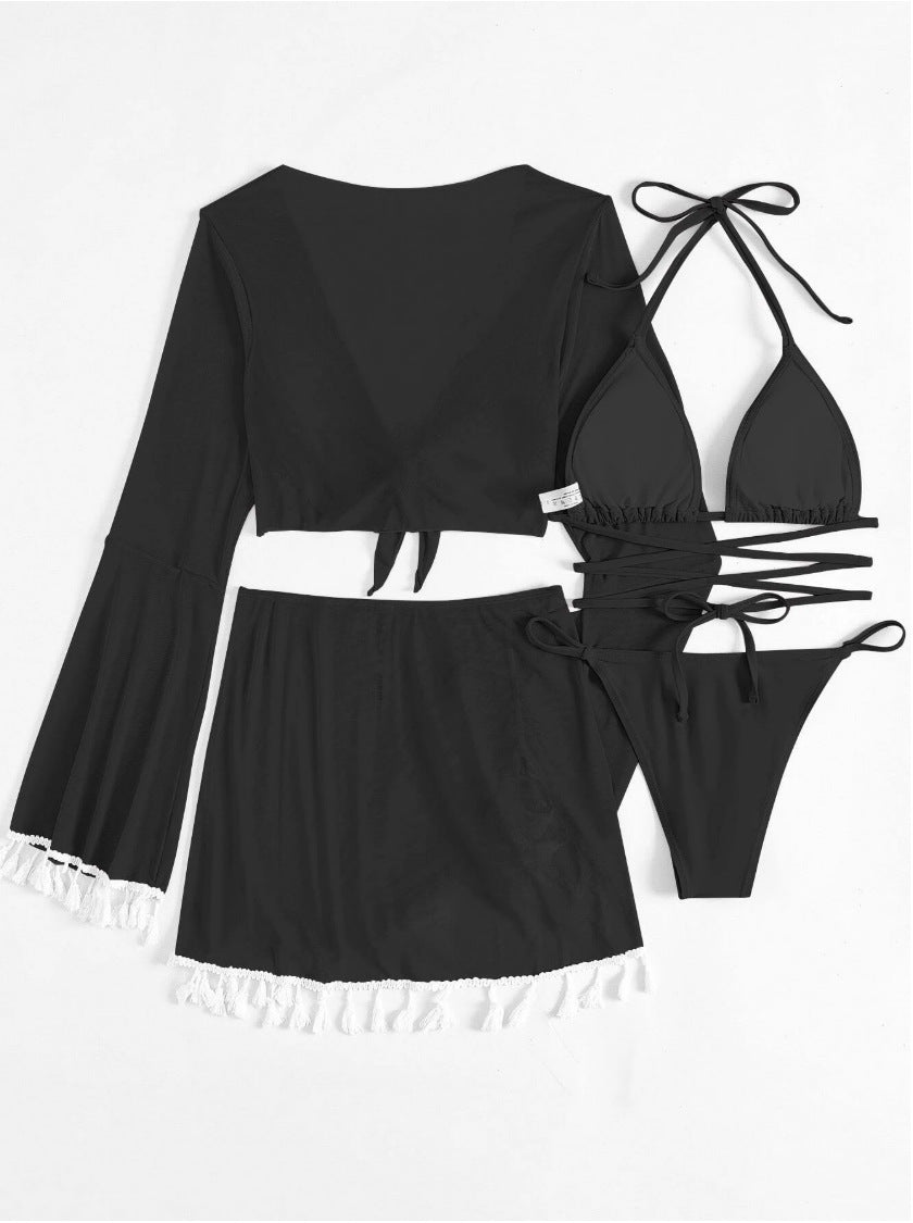 2026 Tassel Mesh Cover-Up Short Skirt Four-Piece Bikini New Thai Ins Style Cross-Border Solid Color Swimsuit for Women