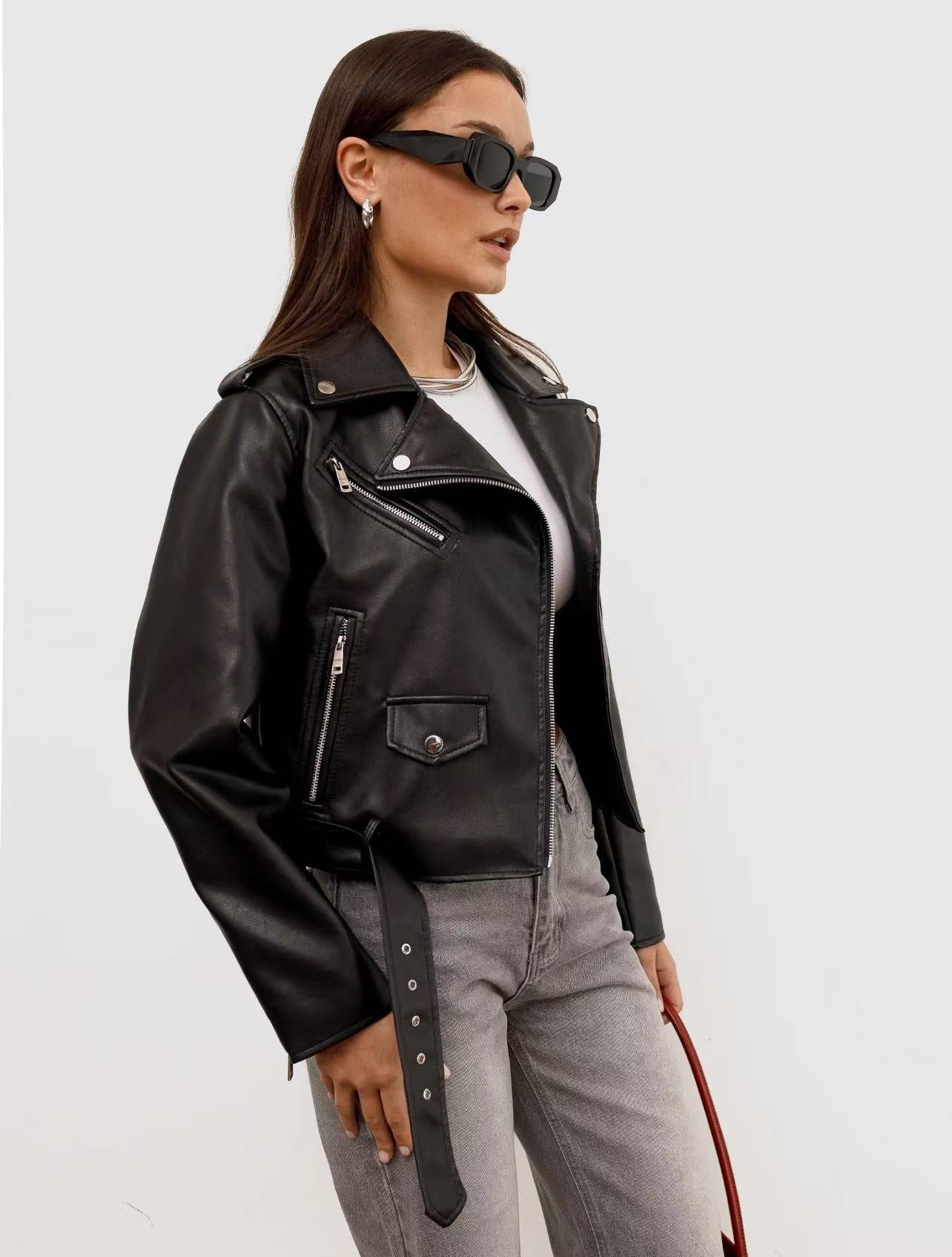 European and American style 2025 spring new Amazon women's imitation leather motorcycle jacket leather coat cross-border Amazon