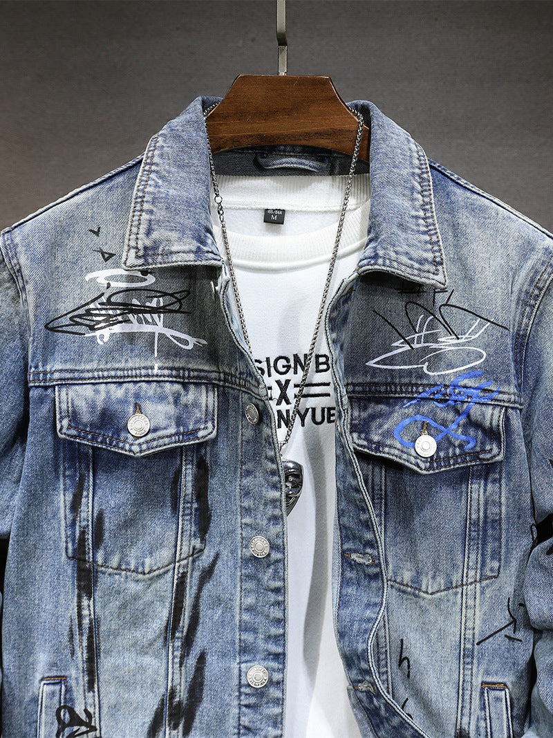 Cross-border new all-matching men's jacket spring and autumn high-end European and American fashion brand graffiti printing fit Denim coat for men