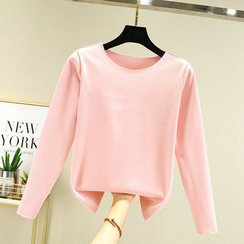 Crewneck Striped Base Shirt Women's Inner Wear Fall/Winter German Velvet 2022 New College Style Long Sleeve T-Shirt Warm Top