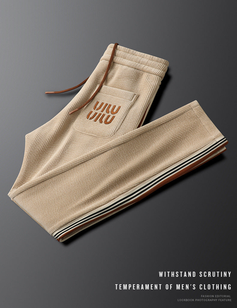 Light Luxury creamy-white fleece-lined Thickened Corduroy Casual Pants Men's Slim-fit Small Straight Pants Autumn and Winter Men's Sports Pants