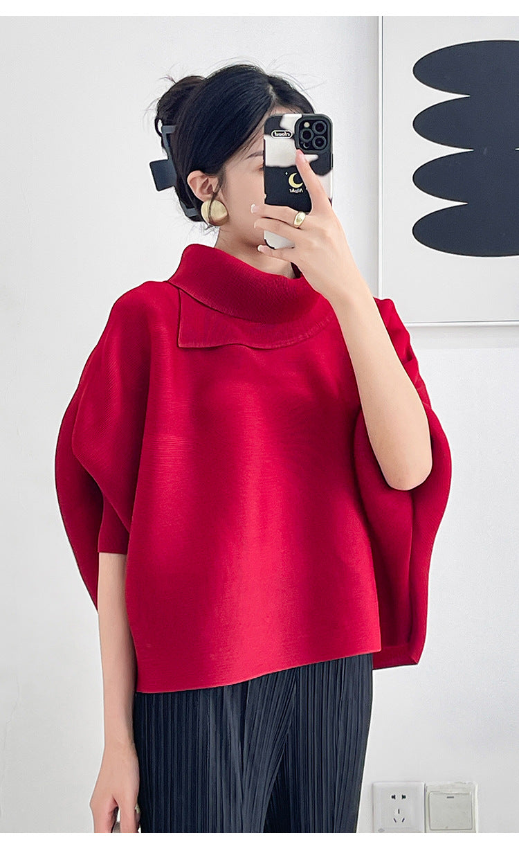2026 Pleated Lapel Batwing Sleeve Top for Women, Spring and Autumn Style, Loose Fit, Plus Size, Long Sleeve, Pleated Solid Color Base Shirt T-Shirt