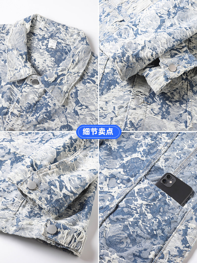 New Trendy Brand Men's Spring Jacket for Men and Women, Versatile Small Fragrance Couple Jacquard Loose Denim Jacket for Men