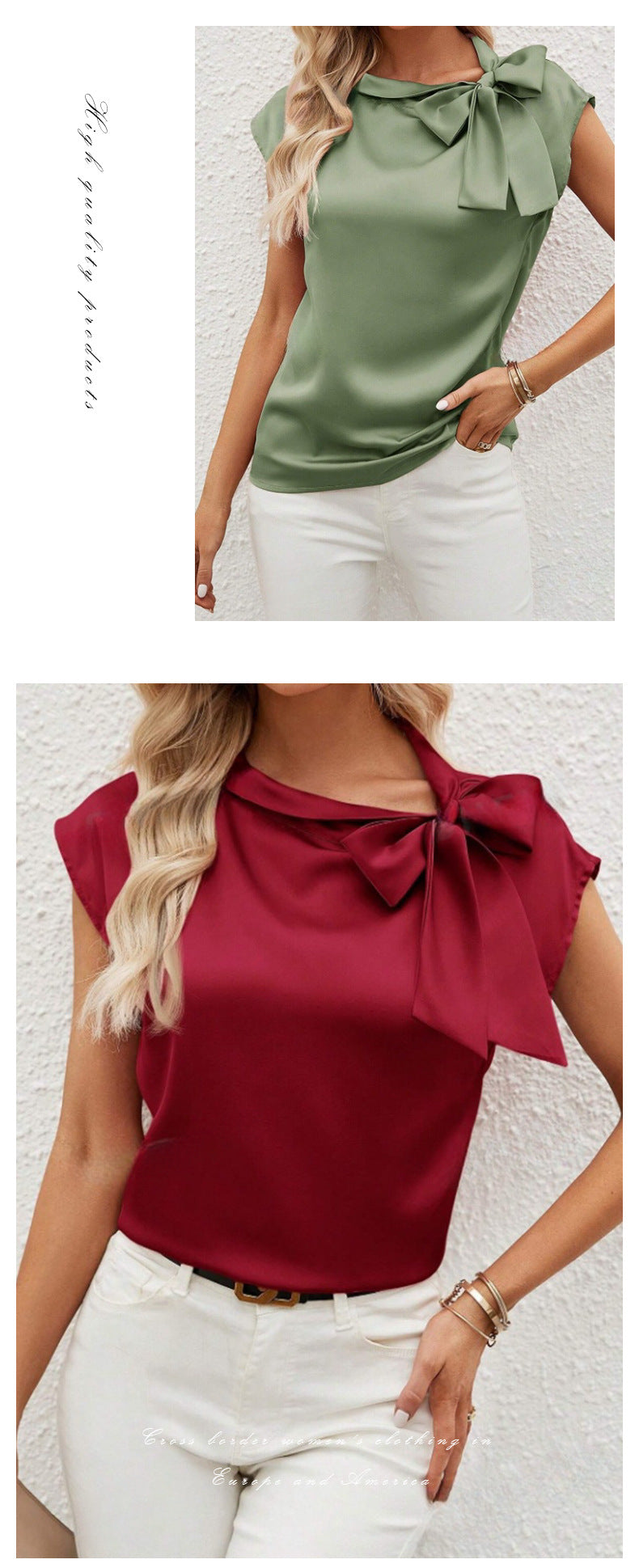 Half Open Collar Bow Satin Top Niche Design Satin Women's Clothing Amazon Cross-border European and American New T-shirt