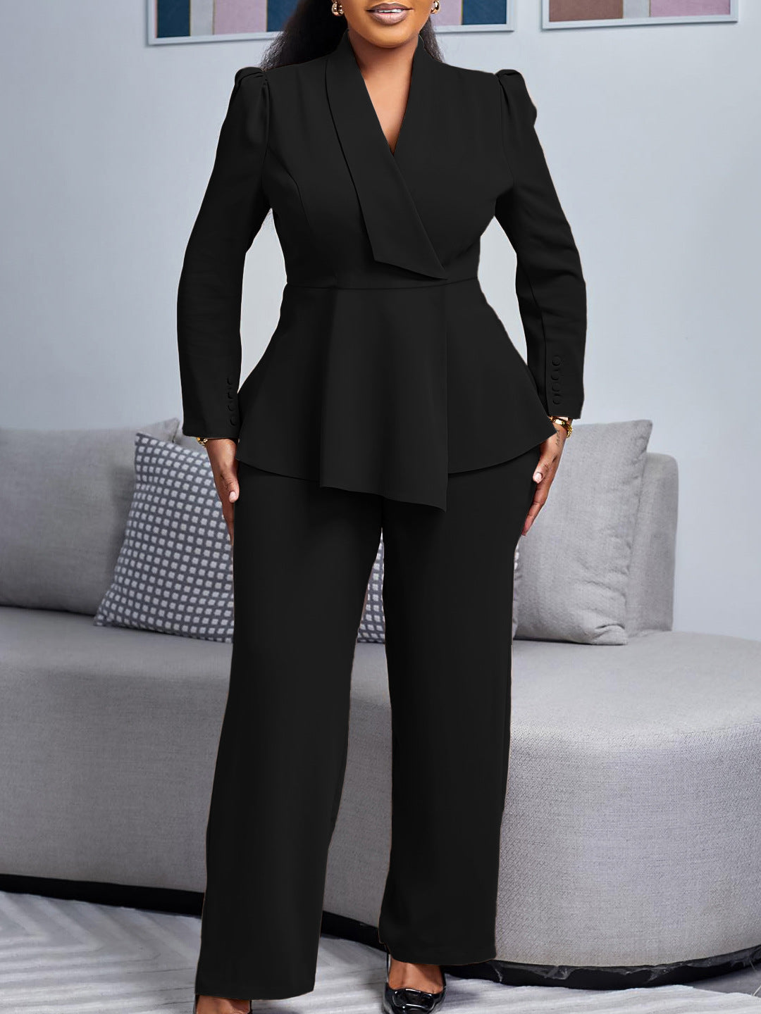 D549 European and American Clothing Winter New Fashion Elegant Elegant Ol Ruffle Top Wide Leg Pants Fashionable African Suit