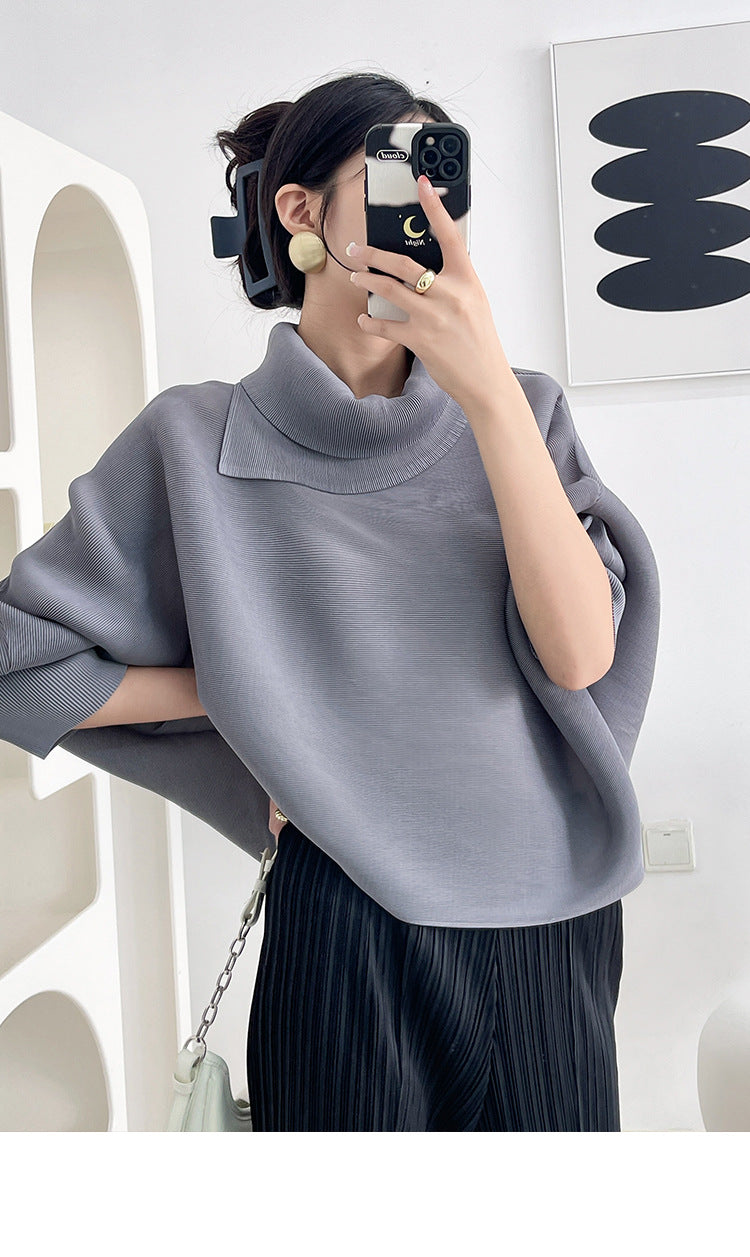 2026 Pleated Lapel Batwing Sleeve Top for Women, Spring and Autumn Style, Loose Fit, Plus Size, Long Sleeve, Pleated Solid Color Base Shirt T-Shirt