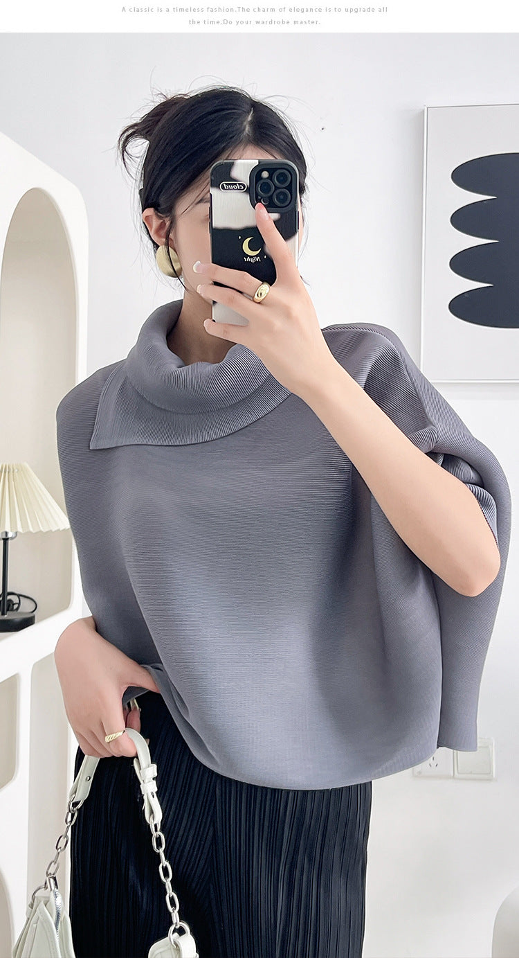 2026 Pleated Lapel Batwing Sleeve Top for Women, Spring and Autumn Style, Loose Fit, Plus Size, Long Sleeve, Pleated Solid Color Base Shirt T-Shirt