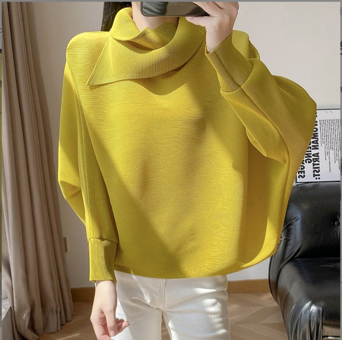 2026 Pleated Lapel Batwing Sleeve Top for Women, Spring and Autumn Style, Loose Fit, Plus Size, Long Sleeve, Pleated Solid Color Base Shirt T-Shirt