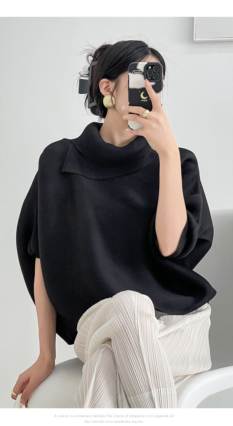 2026 Pleated Lapel Batwing Sleeve Top for Women, Spring and Autumn Style, Loose Fit, Plus Size, Long Sleeve, Pleated Solid Color Base Shirt T-Shirt