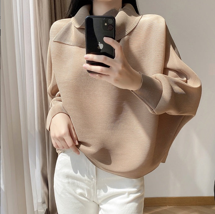 2026 Pleated Lapel Batwing Sleeve Top for Women, Spring and Autumn Style, Loose Fit, Plus Size, Long Sleeve, Pleated Solid Color Base Shirt T-Shirt